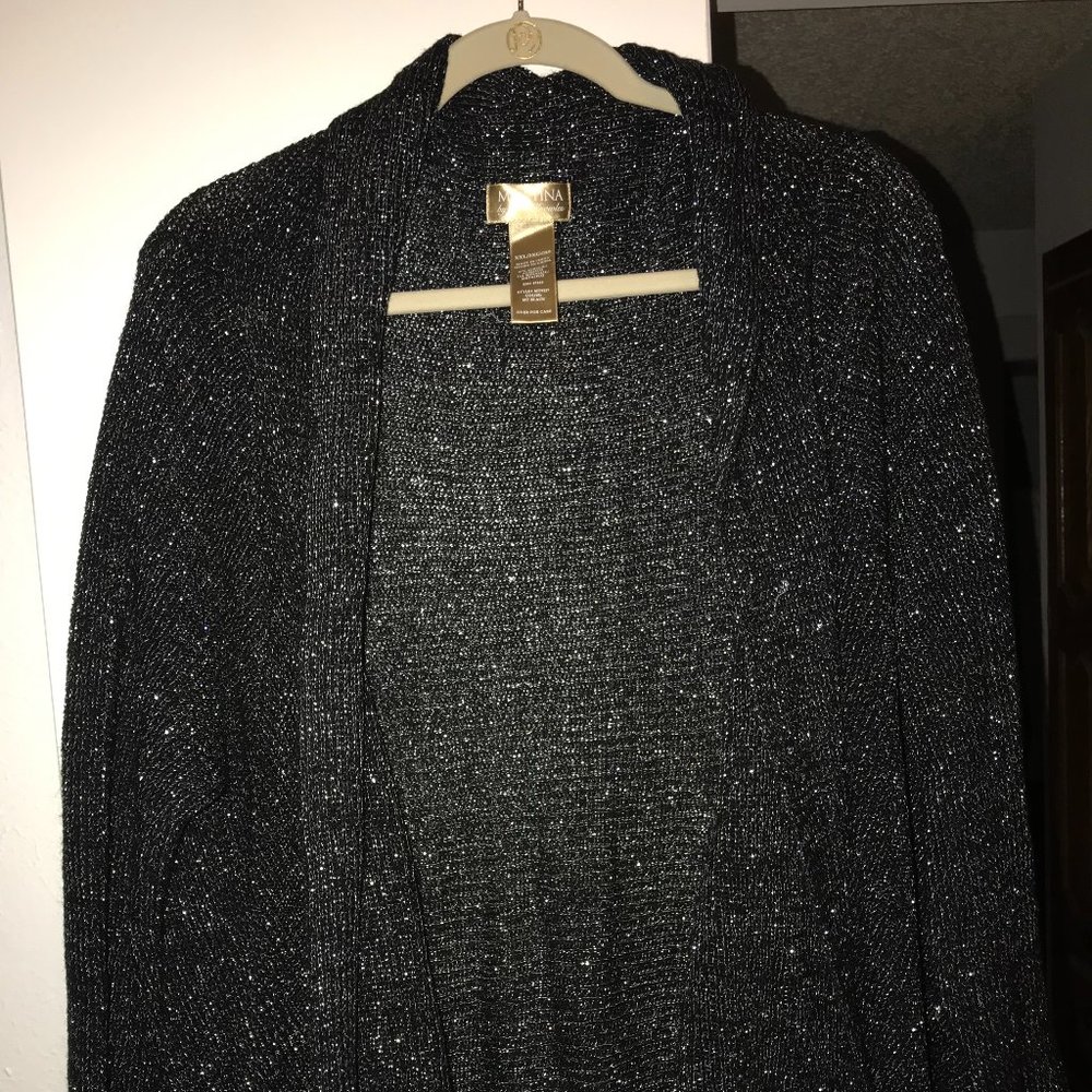 Miss Tina, 2X, 87% acrylic, 13% metallic, black with metallic. Open sweater.